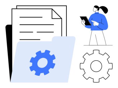 Dosya yönetimi, yapılandırma ve optimizasyonu temsil eden kağıt, klasör ve vites sembollerinin yanında bir tablet tutan kişi. Takım çalışması, teknoloji, iş akışı, işlem otomasyonu için ideal