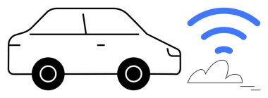 Mavi kablosuz sinyali ve bulut simgesi olan siyah çizgili bir araba. Akıllı hareketlilik, IoT, 5G, bağlantı, otonom sürüş, gelecek teknolojisi, dijital dönüşüm için ideal. Basit düz metafor