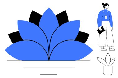 Mavi ve siyah, soyut nilüfer şekilli, minimalist saksı bitkisi ve modern giyimli şık bir kadın. Doğa, meditasyon, verimlilik, farkındalık, büyüme yaratıcılığı dengesi için idealdir. Basit düz