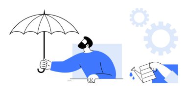 Sakallı adam güvenlik için şemsiye tutuyor. Elleri bardaktan su dökerken. Vitesler sistemleri, takım çalışmasını, planlamayı sembolize eder. Sigorta, risk yönetimi, güvenlik, sorun çözme, koruma yeniliği için ideal