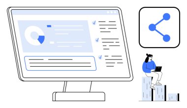 Bilgisayar monitörü analitik, kontrol listesi ve çizelge gösteriyor. Dizüstü bilgisayarı olan biri parmaklıkların üzerine oturur. İkon görüntüsü paylaşılıyor. Takım çalışması, teknik iş akışı, veri, bağlantı stratejisi eğitimi için ideal