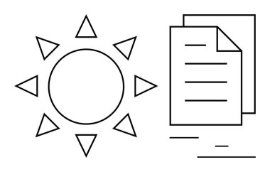 Güneş, yenilenebilir enerji, çevre dostu süreçler ve teknolojiyi sembolize eden istiflenmiş iki belgenin yanında yayılan çizgilerle. Çevre, eğitim, ekoloji, sürdürülebilirlik ve teknoloji için ideal