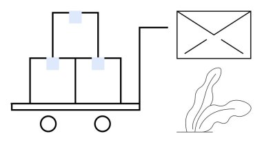 Vagon, zarf ve yaprak tasarımının yanında kutular taşıyor. Nakliye, teslimat, depolama, ambalaj, lojistik, e-ticaret, organizasyon için ideal. Etkili basit düz metaforu temsil etmek