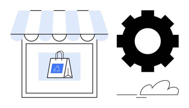 Çizgili tente ve geri dönüşüm logosu vites ve bulutun yanında bulunan bir mağaza önü. Sürdürülebilirlik, perakende satış, e-ticaret, alışveriş, çevre fikirleri, süreçler, eko-ürünler için idealdir. Basit.