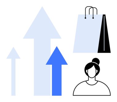 Yükselen mavi oklar, alışveriş torbası ve minimalist kadın figürünün yanında büyümeyi sembolize ediyor. Perakende, e-ticaret, satış stratejisi, pazar eğilimleri, tüketici analizi, markalaşma, düz metafor için ideal