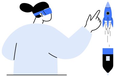 Sanal gerçeklik kulaklığı kullanan bir kadın parmak hareketiyle bir roket fırlatıyor. Yenilik için ideal, teknoloji, yaratıcılık, vizyon, gelecek, ilerleme, güç. Basit düz metafor