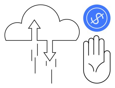 Veri transferini temsil eden okları olan bulut, korumayı sembolize eden yükseltilmiş bir el ve finans için bir dolar simgesi. Güvenlik, finans, teknoloji, bulut hesaplama, koruma ve yatırım için ideal