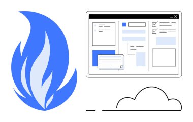 Bulut elementi ile organize edilmiş dijital arayüzün yanında üretkenliği, yeniliği, bulut depolamayı, enerjiyi, teknolojiyi, yaratıcılığı ve dijital iş akışını vurgulayan mavi alev. Basit düz metafor