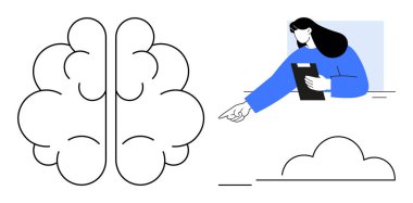 Minimalist kompozisyonda elinde bir pano olan bir kadın stilize edilmiş bir beyni ve bulut şekillerini işaret ediyor. Yaratıcılık, öğrenme, beyin fırtınası, yenilik, strateji, eğitim, basit iniş için ideal