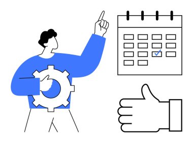 Elinde dişli sembolü tutan ve takvimi işaretlenmiş tarihle gösteren bir adam ve baş parmak işareti. Planlama, hedef belirleme, takım çalışması, zaman yönetimi, üretkenlik, organizasyon, basit