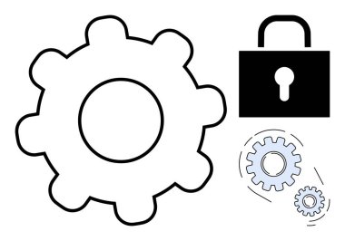 Büyük teçhizat ve asma kilit siber güvenlik ve sistem işletimini sembolize eder, takım çalışması, koruma veya problem çözme gibi küçük birbirine kenetlenmiş dişlilerle. Güvenlik, teknoloji ve takım çalışması için ideal