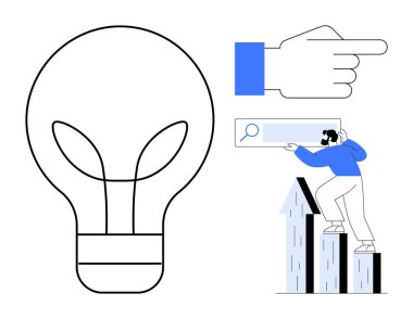 Bitki şekilli iplikli dev bir ampul, el işaretli, yukarı bakan oklar, arama çubuğu ve tırmanan merdivenler. Yenilik, büyüme, yön, strateji başarısı için ideal yeni fikirler ve iş dünyası