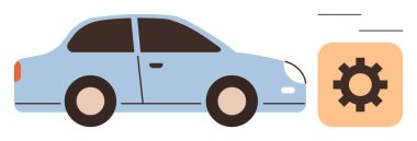 Mavi araba ve vites simgesi otomatik sistemleri, yenilikleri ve hareketi vurguluyor. Otomotiv, onarım, teknoloji, ulaşım, hız verimliliği ve servis temaları için ideal. Basit düz metafor