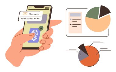 Akıllı telefon, çizelge ve veri içgörülerini gösteren grafikler üzerinde parmak izi doğrulaması kullanılıyor. Güvenlik, teknoloji, analitik, finans, iş dünyası ve verimlilik için ideal. Basit düz