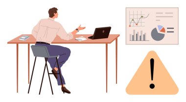 Masasında açık dizüstü bilgisayarı, çizelgeleri ve not defteriyle oturan bir adam. Uyarı işareti ile verileri sunuyor. Analiz, yönetim, risk, strateji, karar verme sorunu çözme bilinci için ideal basit