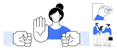 Güçlü el hareketi sınır koymayı, karar vermeyi ve kontrolü ön plana çıkarır. Minimalist tasarım finansal temalar, profesyonel işbirliği, DeFi, güçlendirme, müzakere ve eşitlik içerir