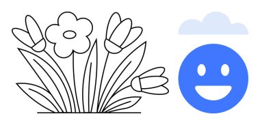 Minimum bir bulut altında gülümseyen duygularla eşleştirilmiş canlı çiçekler. Mutluluk için ideal, pozitiflik, bahar, bahçe işleri, büyüme, iyimserlik, basit iniş sayfası