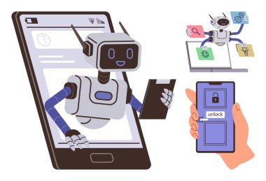 Akıllı telefon ekranından çıkan çizgi film robotu elinde bir pano, dizüstü bilgisayarda birden fazla iş yapıyor ve telefonun kilidini açıyor. Yapay zeka, otomasyon, teknoloji, müşteri hizmetleri, güvenlik, çoklu görev için ideal