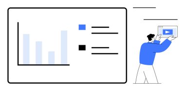 Çubuk grafik ve metin elemanlarının olduğu veri tablosunun yanında video ekranı tutan adam. Analiz, raporlama, pazarlama, iş stratejisi, çevrimiçi öğrenme, içerik oluşturma, basit iniş sayfası için ideal