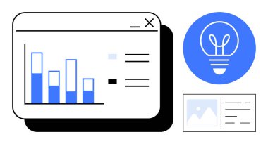 Tarayıcı arayüzü içinde çubuk grafik, fikirler için ampul, ortam kartı düzeni. Analiz, yenilik, pazarlama, yaratıcı düşünce, medya, strateji ve basit bir iniş sayfası için ideal