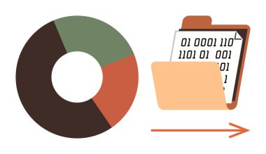 Dijital dosyaları temsil eden ikili kod içeren bir dizinin yanında veri dağılımını gösteren bir pasta grafiği. Veri yönetimi, teknoloji, analitik, yazılım, organizasyon, istatistik, basit