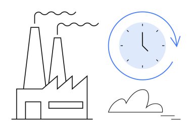 bacaları duman yayan sanayi fabrikası, zamanı sembolize eden saat, bulut şekli sürdürülebilirlik, verimlilik, kirlilik, zaman yönetimi, sanayi süreçleri, çevre