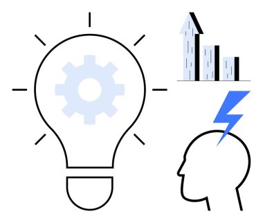 İçinde teçhizat olan ampul, büyüyen çubuk grafiği, ve yıldırımlı siluet. Yaratıcılık, yenilik, ilerleme, problem çözme, strateji, beyin fırtınası ve basit iniş sayfası için ideal