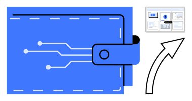Okla dijital finans paneline bağlı devre tasarımı olan mavi cüzdan. Finans, teknoloji, fintech, dijital bankacılık, işlemler, veri yönetimi, yenilik için ideal