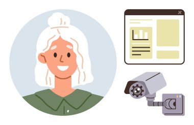 İnternet analitik arayüzü ve güvenlik kamerasının yanında parlak ifadesi olan bir kadın. Basit olarak teknoloji, siber güvenlik, gizlilik, gözetim, analitik, kullanıcı deneyimi ve güvenlik kavramı için ideal