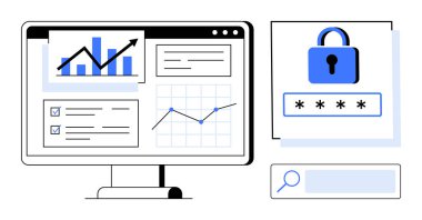Bilgisayar ekranında analitik çizelgeler, kontrol listeleri, şifre güvenlik kilidi ve arama çubuğu gösterilir. Veri yönetimi, siber güvenlik, veri güvenliği, analitik, çevrimiçi izleme için idealdir basit finans