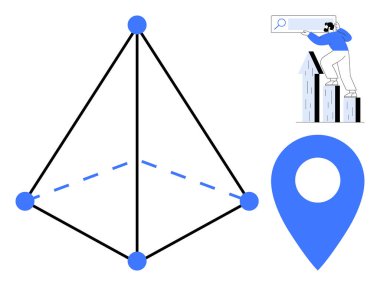 Katı noktalı geometrik piramit yapısı, mavi konum işareti ve arama yoluyla büyüme olanaklarını araştıran bir adam. Navigasyon, analitik, keşif, veri, içgörü için ideal