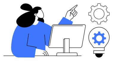 Masa başında çalışan bir kadın, bilgisayar monitörü, dişliler ve ampul. Yenilik, beyin fırtınası, teknoloji, yaratıcılık planlama motivasyonu için idealdir. Basit düz metafor