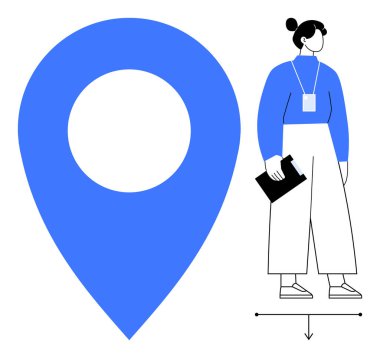 Büyük mavi lokasyon rozeti ve panosu olan bir kadın. Navigasyon, seyahat, iş ve planlama sembolü. Seyahat, harita, konum belirleme, lojistik teknolojisi takım çalışması için ideal basit düz metafor