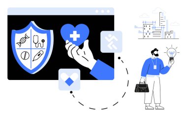 Sağlık sembollü bir kalkan, tıbbi haçlı bir kalp, profesyonel bir ampul ve şehir manzarası. Sağlık, yenilik, koruma, tanı, takım çalışması yaratıcı düşünme için ideal