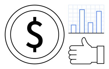 Parayı sembolize eden dolar para, veri analizini gösteren bar çizelgesi ve onay veren baş parmak. Finans, iş stratejisi, analitik, yatırım, ekonomi, kâr sade iniş sayfası için ideal