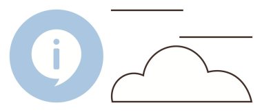 Bilgi, veri, depolama ve iletişimi sembolize eden ana hatlı bir bulutun yanında i ile çevrili mavi daire. Teknoloji için ideal, bulut hesaplama, bilgi, destek, basitlik yeniliği