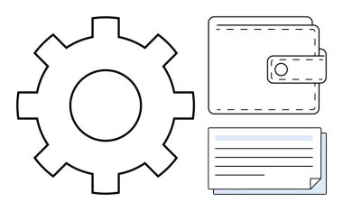 Mali yönetimi, sistem süreçlerini ve organizasyonu sembolize eden vites, cüzdan ve belge simgeleri. Teknoloji, otomasyon, bütçe, işletmeler verimlilik işlerini finanse etmek için ideal