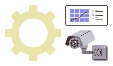 Bir dişli sembolü ve veri tablosu olan güvenlik kamerası izleme sistemi. Gözetleme, teknoloji, analitik, yenilik, otomasyon, veri yönetimi, iş çözümleri için idealdir. Basit düz metafor