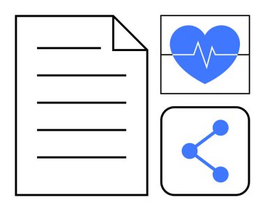 Kalp atışı çizgisi ve paylaşım ikonu olan mavi bir kalbin yanında belge simgesi. Sağlık verileri, iletişim, paylaşım, sağlık uygulamaları, teknoloji, izleme, basit iniş sayfası için ideal