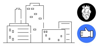 Sanatta minimalist şehir silueti, siyah çemberde anatomik kalp ve mavi çemberde baş parmak. Kentsel tasarım, sağlık, sosyal kampanyalar, iş, eğitim, dijital medya için ideal