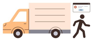 Yanlışlıkla açılan pencerenin yanındaki teslimat aracı ve arızayı tasvir ederek uzaklaşan kişi. Lojistik, e-ticaret, teknik sorunlar, hizmet kesintisi, ulaşım sorunları, sorun giderme için ideal