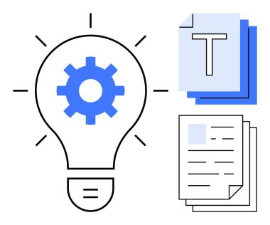 Mavi dişli ampul, organizasyon, fikirler ve üretkenlik için metin belgelerinin yanında yeniliği sembolize eder. Yaratıcılık, teknoloji, iş, öğrenme, strateji yeniliği için ideal basit iniş