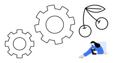 Üç mekanik dişli, kiraz meyvesi ve yaprak dalı ve teknoloji, doğa ve öğrenme sinerjisini vurgulayan bir kitap okuyan bir kadın. Otomasyon için ideal, eko-tasarım, denge, yaratıcılık