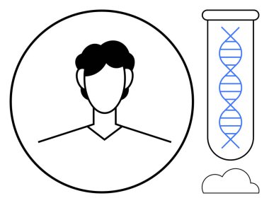 Minimalist insan profili, DNA ipliği ile birlikte test tüpünün yanında daire çiziyor. Genetik, biyoloji, kimlik doğrulama, araştırma, teknoloji, sağlık ve eğitim için ideal. Basit düz metafor