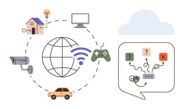 Bağlı aygıtlar ağı, dünyayı çevreleyen ev, araba, bilgisayar ve seçenekler, kafa karışıklığı ve çözümler için sembolleri işaret ediyor. İOT, teknoloji, akıllı yaşam, yenilikçi dijital strateji için ideal