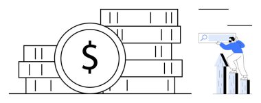 Bir dolar simgesi olan bozuk paralar zenginliği simgeler, bir bar haritasındaki bir adam ise araştırmak için teleskop kullanır. Finans, yatırım, büyüme, ekonomi, analiz, planlama için ideal, basit düz metafor