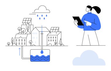 Yağmur suyu hasat sistemi kentsel yapılara entegre, tabletli bir kadın tarafından izleniyor. Sürdürülebilirlik için ideal, akıllı şehir tasarımı, yenilenebilir enerji, eko-yenilik, su yönetimi