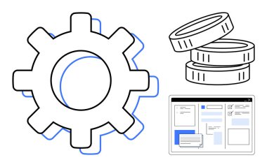 Büyük teçhizat işlemini sembolize ediyor, finans için para yığını, etkileşim için dijital arayüz. Otomasyon için ideal, verimlilik, teknoloji, ekonomi, iş akışı sistemi. Basit düz metafor