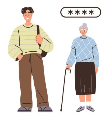 Çanta taşıyan genç bir adam ve şifre giriş alanı altında bastonlu yaşlı bir kadın. Güvenlik, yaş çeşitliliği, çevrimiçi erişim, dijital eklenti, şifreler, kuşak farkı, teknoloji için ideal
