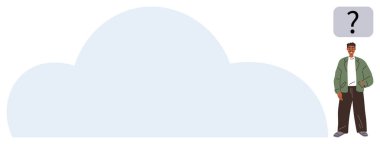 Gündelik kıyafetli bir adam, üzerinde soru işareti olan büyük bir bulutun yanında duruyor, merak uyandırıyor, beyin fırtınası, gelecek, problem çözme, karar verme, keşif, öğrenme. Basit bir daire için ideal